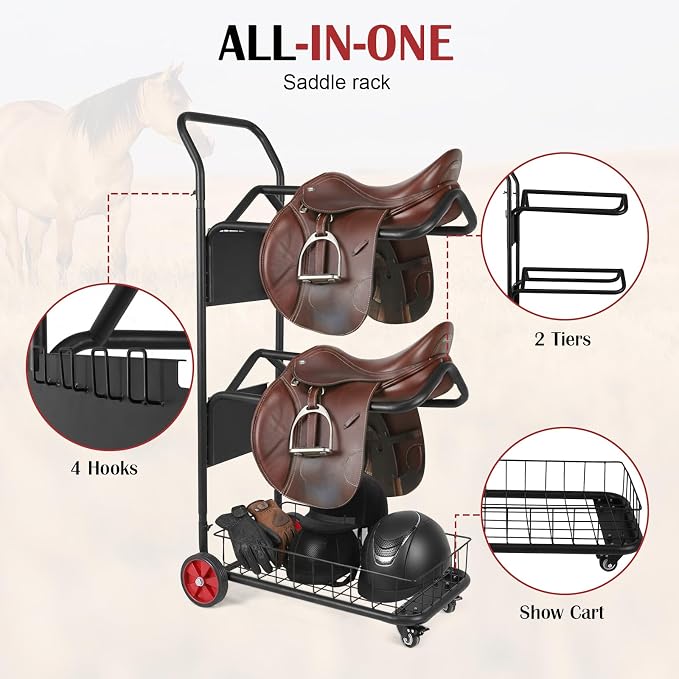 Saddle Rack Cart Rolling with Storage Basket 3 Tier Heavy | Heavy Duty Organizer for Stable Barn Tack Room Moving Transport Supplies