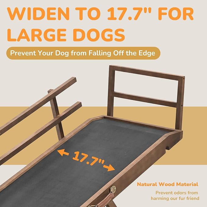 Dog Ramp for Bed & Couch, Foldable Wooden Pet Ramp, 5 Adjustable Heights | Height up to 23.5", Portable Dog Ramp with Non-Slip Rubber Surface & Safety Railings, Pet Ramp for Small, Large, Senior Dogs