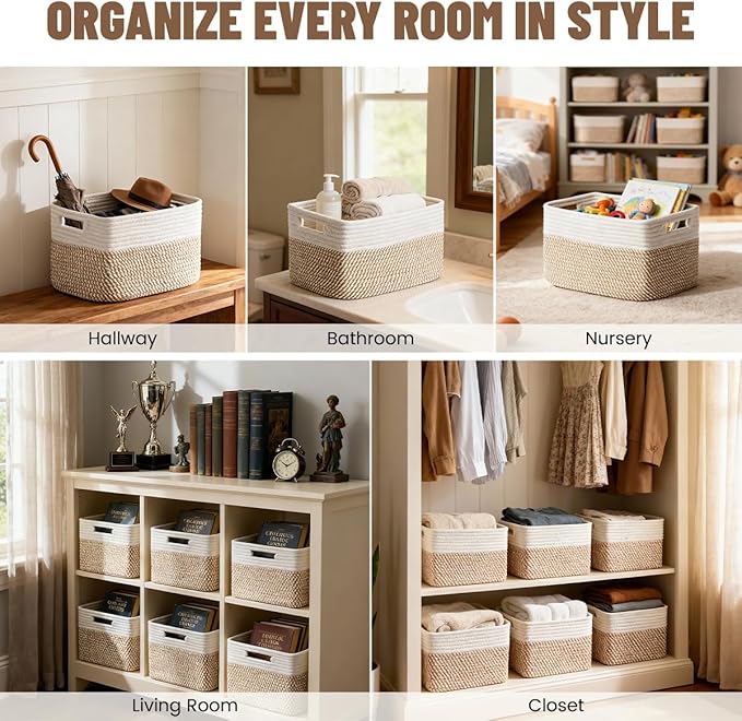 5 Pack Woven Storage Baskets, Decorative Storage Bins for Organizing | 13.8'' × 9.8'' × 7.9'', Cotton Rope Basket Organizer for Closet, Shelves, bathroom, Nursery, Toys, Books, Pantry, Khaki/White