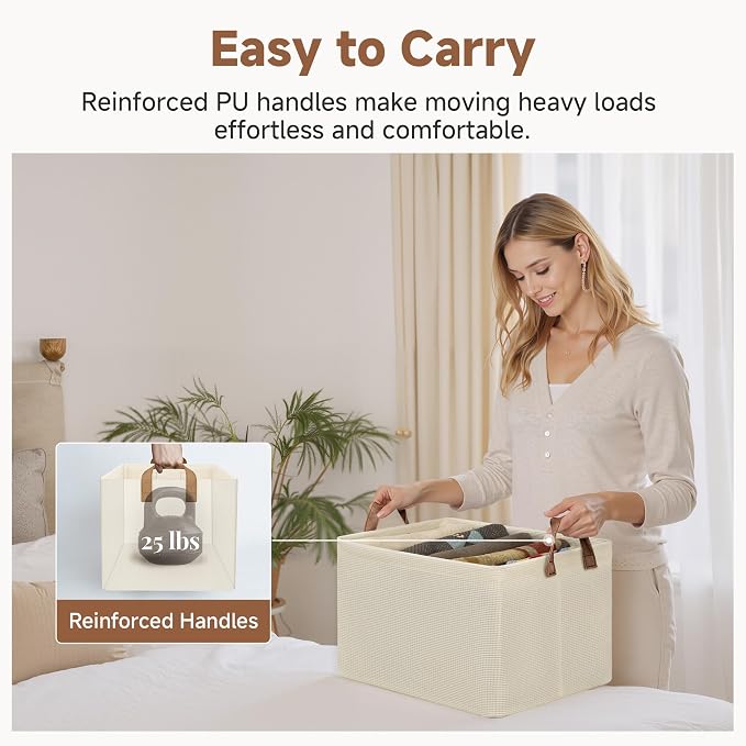 StorageWorks Closet Storage Bins, Storage Baskets for Shelf, Beige, 2-Pack | Large, With Reinforced PU Handles, Metal Frame, Collapsible, Basket for Shelves, Closet, Holds Clothes, Towels, Blankets