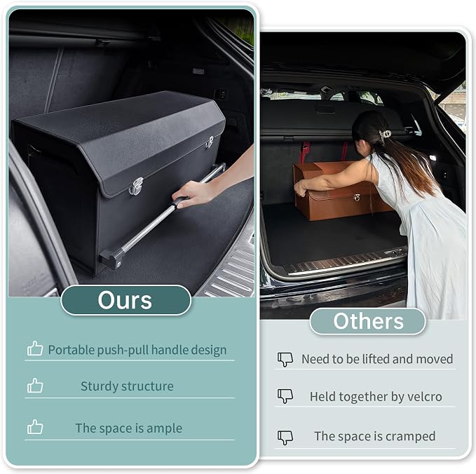Car Trunk Organizer Leather Car Storage Organizer with Lid Car Organizer | Suv Trunk Organizer with Sturdy Handle Car Cargo Storage Box for Minivan, Sedan, Jeep (Black, 27 x 11.4 x 12.2in)