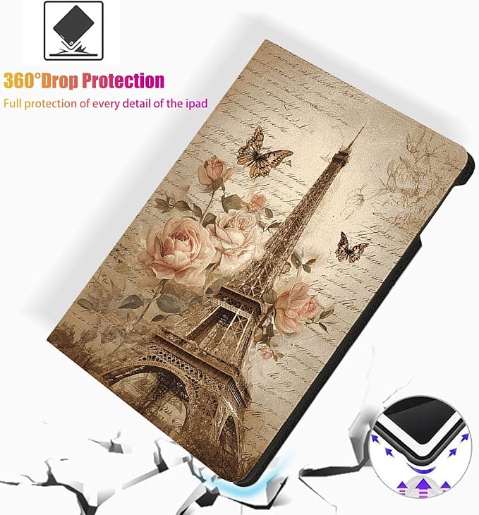 for Microsoft Surface Pro 8-13" 2021 Tablet Case,Auto Wake/Sleep,Adjustable Stand Protective Cover - Paris Eiffel Tower Rose Butterfly