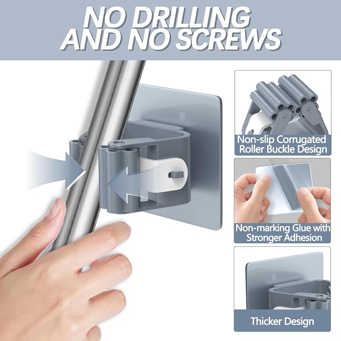 3-H 24-Pack Self Adhesive Broom Holder Wall Mount - Heavy Duty No Drill Broom Organizer for Garage Closet Kitchen, Plastic Storage Rack for Brooms Mops Tools, Peel and Stick Adhesive,Grey