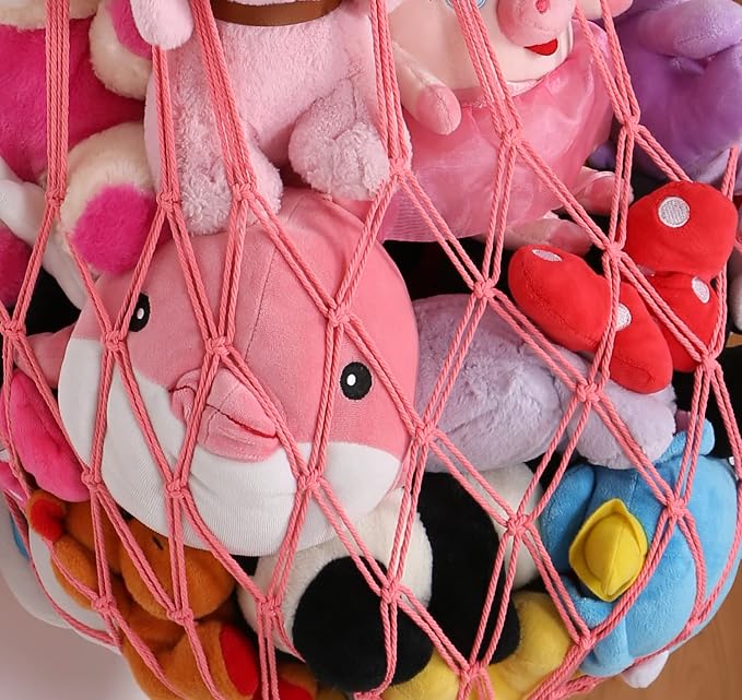 Stuffed Animal Hammock Wall Hanging Net for Stuffed Animal Net Stuffed Animal Storage Plush Toy Holder Toy Organizer for Boho Kidroom Playroom Nursery Decor (Pink)