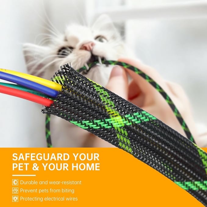 Braided Cable Sleeve, 33ft Expandable Wire Loom for Automotive Wiring Harness & PC Case, Pet-Proof Chew Resistant Cord Protector, Flexible Cable Management (Black-UV Green-UV Yellow, 25mm (1"))