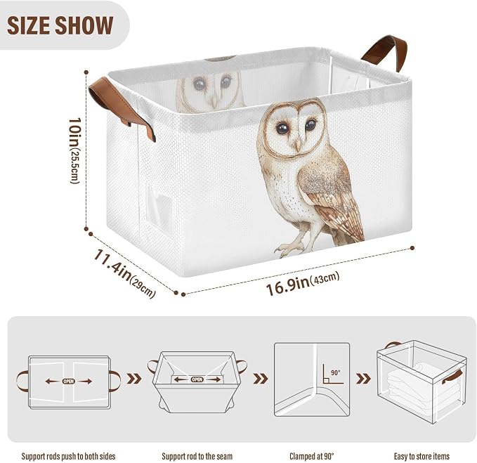 Watercolor Cute Tawny Owl Wild Animal Baby Storage Basket with Labels&Handles Rectangular Waterproof Nursery Storage Bins Collapsible Shelf Organizer Baskets for Kids Books Cloth Gift Basket Toys,2 PC