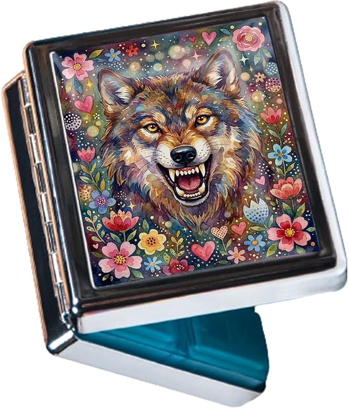 Weekly Pill Organizer, Metal Pill Box with 8 Compartments, Small Travel Pill Case for Purse Pocket, Medicine Vitamin Supplement Organizer (Floral Wolf)
