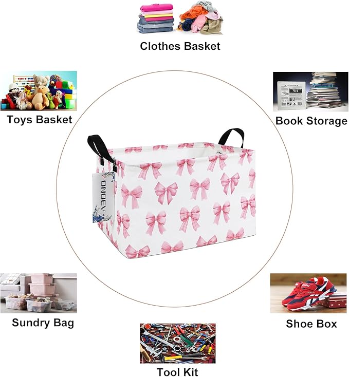 Rectangular Pink Bow Storage Bin,Closet Organizer Basket | Waterproof foldable bin with reinforced handles. Store garments, cosmetics & daily items, sweet gift for teen girls.