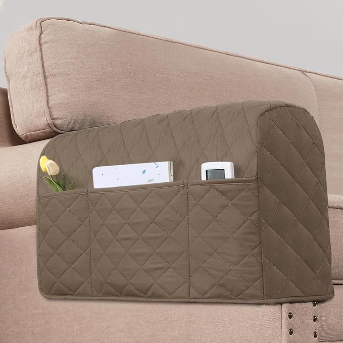 2 Pack Water Resistant Armrest Covers for Chairs and Sofas Couch Arm Covers for Sofa with 3 Pockets for Phone Sofa Arm Protector Washable for Pets, Cats (Taupe)