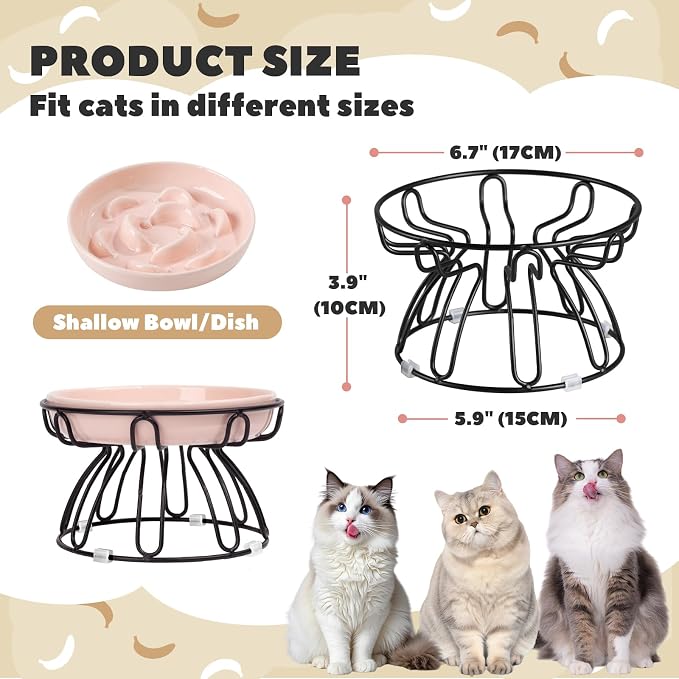 Elevated Cat Bowl Stand - Black Iron Metal Holder with Anti-Slip Grips - Raised Feeding Station for Shallow Cat Food Dishes - 6.7" W x 3.9" H (Bowl Not Included)