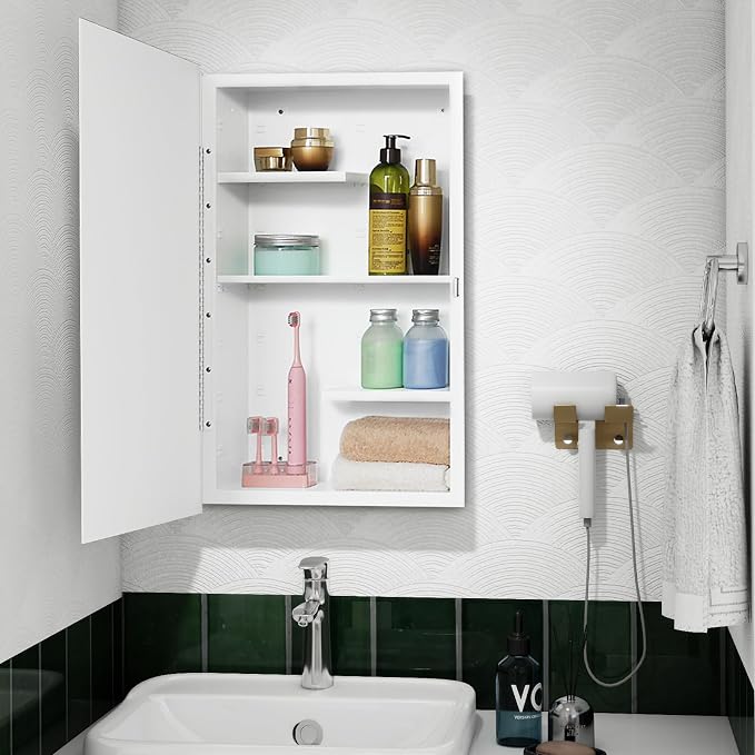 White 16x26 Medicine Cabinet, Beveled Mirror & Adjustable Staggered Shelves | Recessed or Surface Mount Bathroom Cabinet with Adjustable Staggered Shelves, Piano Hinge, Left/Right Swing & Fully Assembled