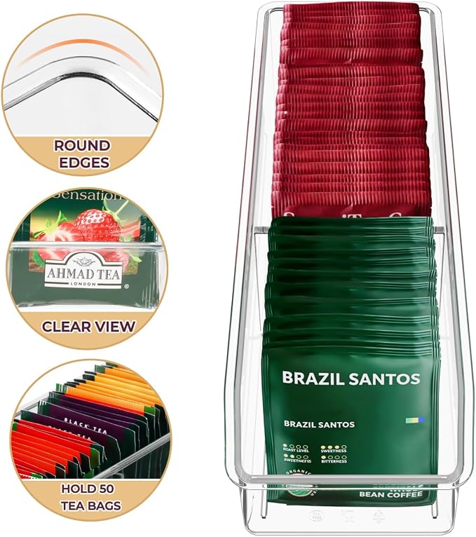 2 Pcs Tea Bag Organizer,Tea Bag Holder Box Storage Bin, Clear Drawer Drawer | Plastic, Sugar Packet, Coffee, Condiment, Spice Bag Holder, for Kitchen Cabinet, Countertop, Fridge