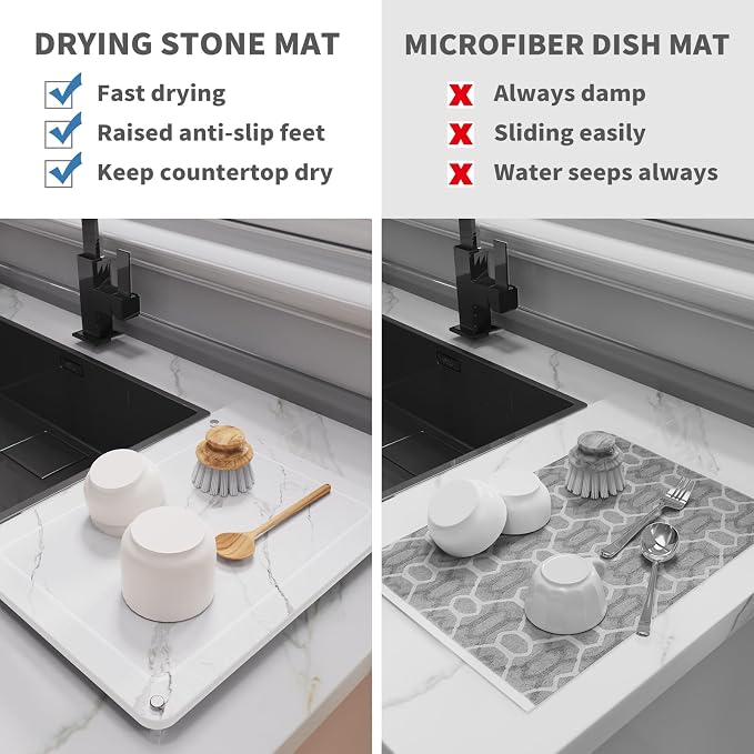 Dish Drying Stone, Water Absorbing Stone Dish Drying Mats for Kitchen Counter, Non-Slip Stone Drying Sink Tray Pad for Dish Bottles Cups, Diatomaceous Earth Sink Caddy Organizer, White Marble