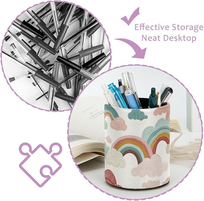 Faux Leather Pen Holder for Desk, Pencil Organizer Rainbows and Clouds Pen Cup Desk Decor Makeup Brush Holder Storage for Office Home