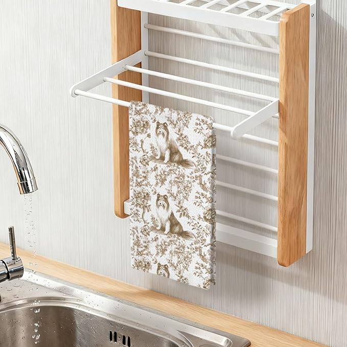 Rough Collie Kitchen Dish Towels,Brown and White Floral Dog Towel Dish Tea Towels, Chinoiserie Decor for Kitchen Bathroom,Rough Collie Gifts for Dog Lover Mom Dad,16x24 Inch