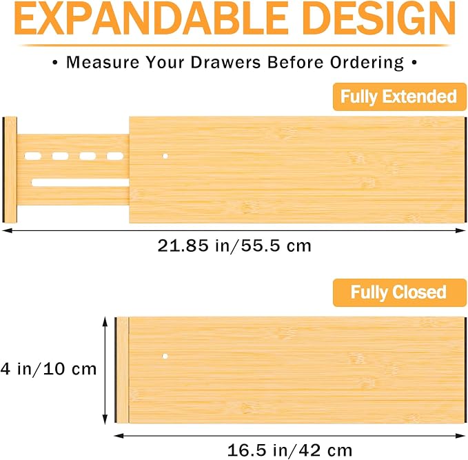 Bamboo Drawer Dividers, 4" High Drawer Organizers for Clothes/Utensils | 16.5-21.8" Expandable Wooden Drawer Separators for Dresser, Kitchen, Bathroom, Nursery, Office Organization & Storage, 6 Pack