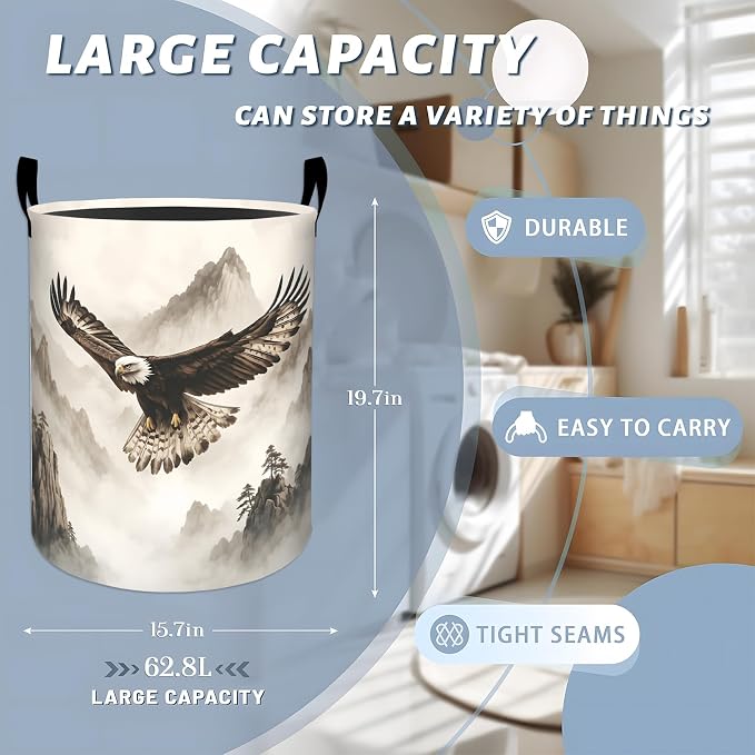 Flying Eagle Laundry Basket, Wildlife Bird Black White Mountain Storage Hamper, Round Collapsible Waterproof Cloth Bin, 19.7x15.7 Inch Rustic Clothes Organizer Gifts for Bathroom Decor