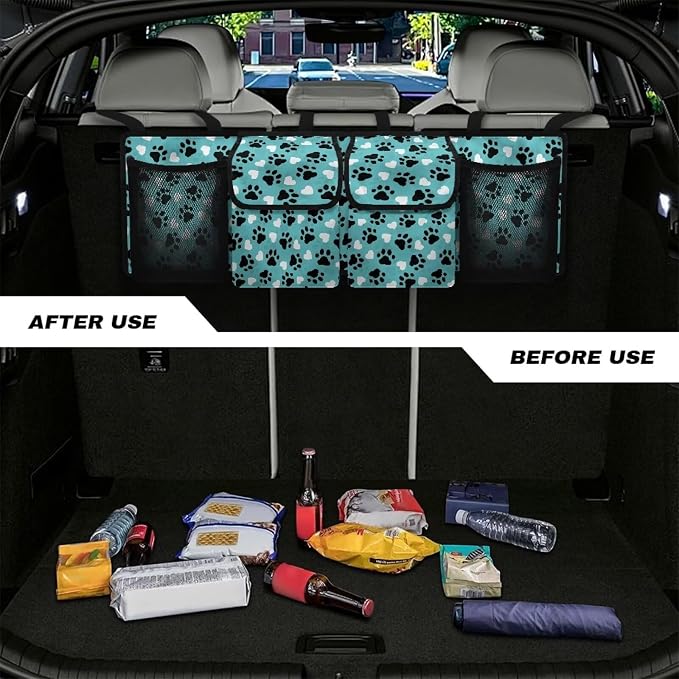 Dog Paw Car Trunk Organizer Hanging Multipurpose Auto Backseat Storage Bag Universal Automotive Interior Accessories with 4 Pockets 3 Adjustable Straps