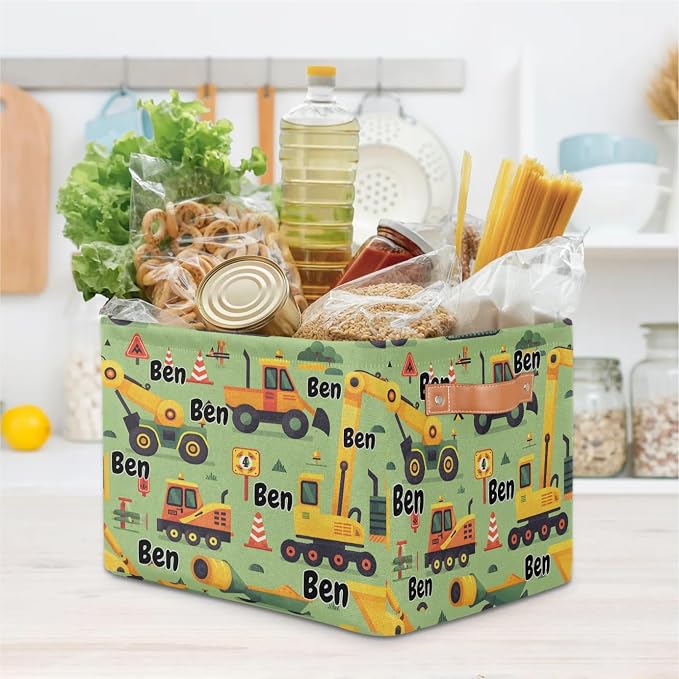 Personalized Name Storage Basket Handles for Boys, Canvas Storage Bins Toys Clothes Organizer for Bedroom, Kitchen, Bathroom, Nursery, Shelves, Closets, Cartoon Excavator Construction Vehicle