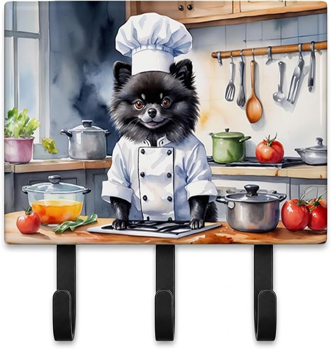 Caroline's Treasures Pomeranian The Chef Leash or Key Holder Wall Hooks, Key Hooks Holder, Coat Rack Wall Mount, Coat Hooks, Hooks for Hanging Keys, Towels, Aprons, Leashes | Pomeranian The Chef artwork on ceramic tile with three steel hooks for keys, ...