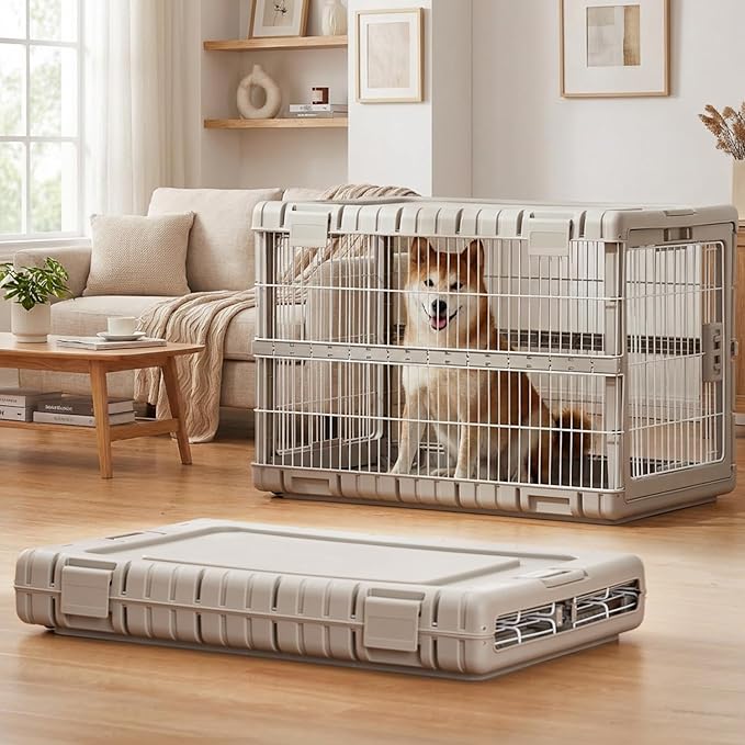 ZOMISIA Collapsible Dog Crate for Large Dogs - 36" L Heavy Duty Dog Kennel No Tools Required with 4 Sides Steel Foldable Cage for Dogs Indoor Furniture, Portable Carrier with 2 Smooth Wheels, Beige
