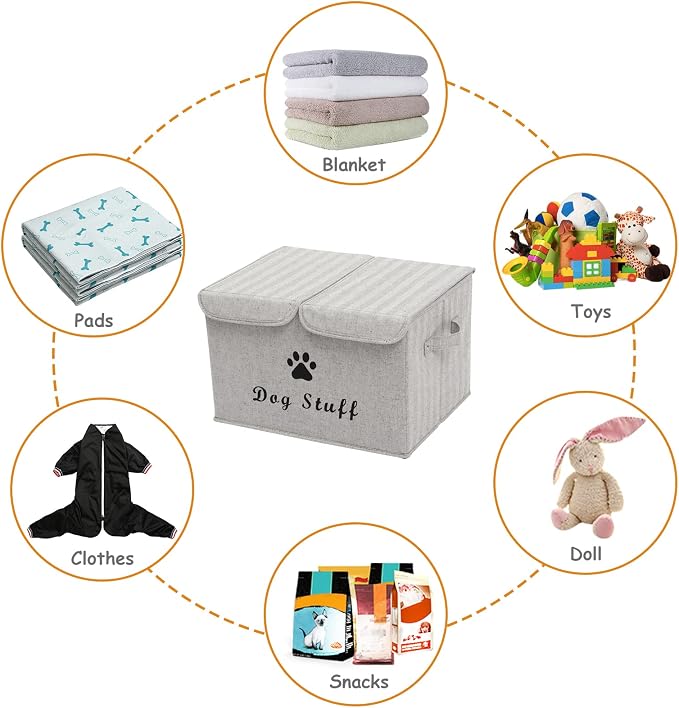 Large Storage Boxes - Large Linen Fabric Foldable Storage Cubes Bin Box Containers with Lid and Handles for Dog Apparel & Accessories, Dog Toys, (Striped Gray)