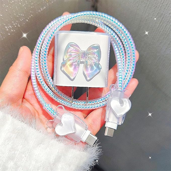 Cute Charging Cord Protector for iPhone Charger Adapter,Sparkle Bowknot Plating with 3D White Love Heart Design,DIY Soft Cable Protector Data Cable Saver for Women Girls iPad 18W/20W Charger Cover