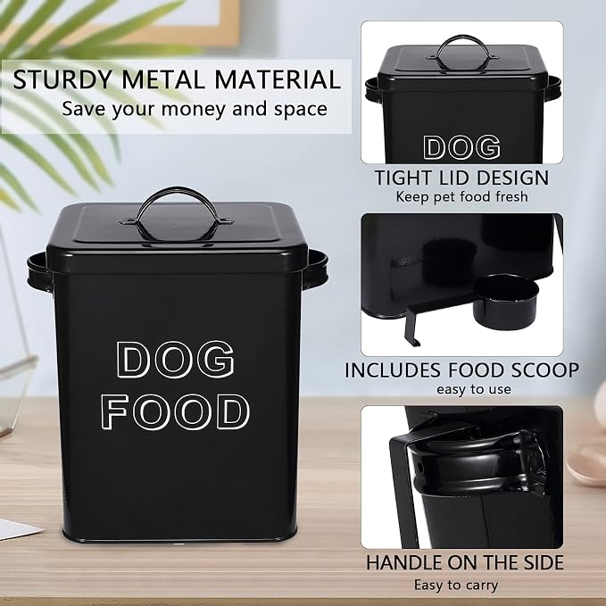 Morezi Metal Dog Food Storage Container Airtight Pet Food Treat Bin 6 lbs | Vintage Durable Canister Dog Treats Tin with Lid& Scoop for Kitchen Countertop, Shelf, Great Gift for Pet Owners(Black)