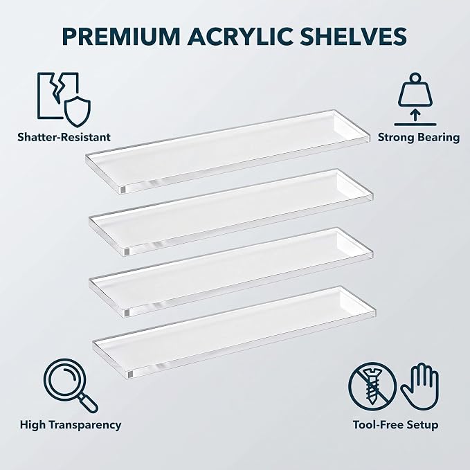 4 Pcs Medicine Cabinet Shelves 13x3 Inch Replacement | Acrylic Medicine Cabinet Shelf ,Plastic Clear Shelves For Bathroom Living Room Kitchen Wall Medicine Cabinet