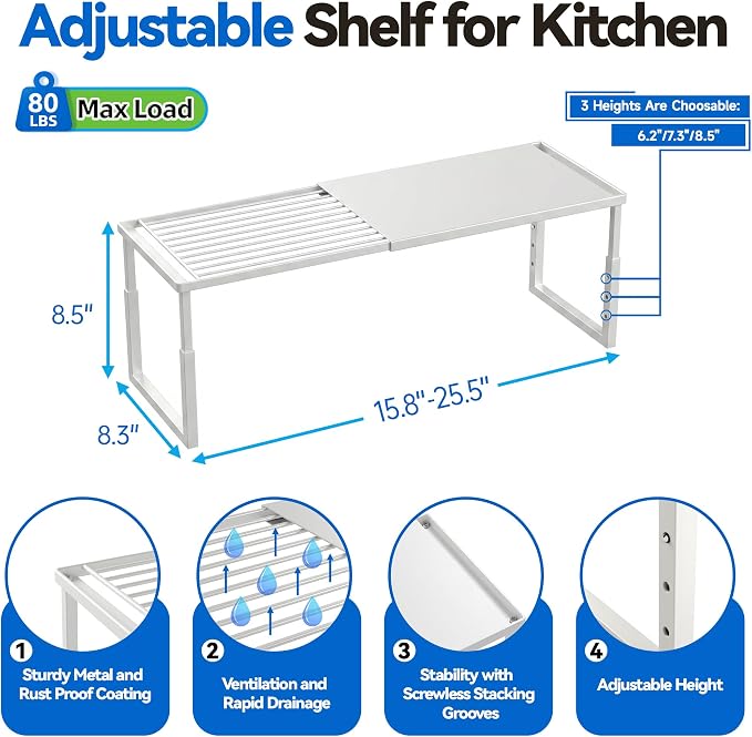 Expandable Cabinet Shelf Organizer, Stackable Countertop Shelves, White | 15.8''- 25.5'' In Cabinet Shelf, Adjustable Kitchen Cabinet Organizer for Pantry Organizer, CupBoard Organizers and Storage