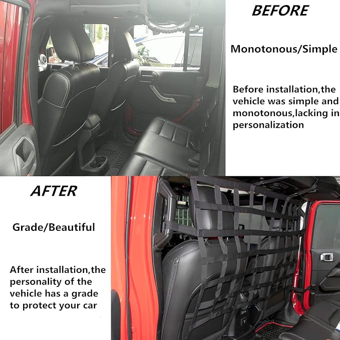 Rear Seat Dog Barrier Net Divider for Jeep Wrangler JK JL JT 2007-2025 | Fits Jeep Wrangler JK JL & Gladiator JT 2/4 Door, Black, Thickened Polyester Pet & Child Safety Barrier, No-Tool Install