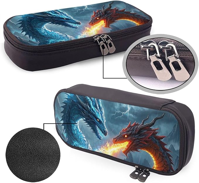 Leather Pen Case with Zipper - Aesthetic Pen Holder Ice Dragon and Fire Dragon Pencil Case for Women & Men - Handcrafted Pencil Bag Multi-Functional Travel Cosmetic Case for Work Office Tool Pouch