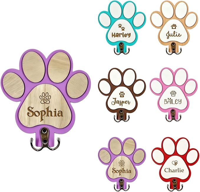 Custom Dog Leash Holder with Name, Personalized Wooden Key Rack and Pet Collar Hanger for Wall, Rustic Farmhouse Entryway Organizer, Dog Lover Gift(Purple)