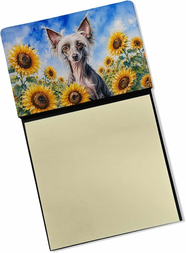 Caroline's Treasures Chinese Crested in Sunflowers Watercolor Sticky Note Holder Refillable Dispenser Desk Accessory 3x3 Pad Gift