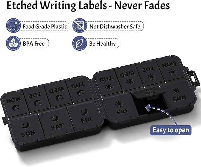 New Foldable & Double Protection Portable Weekly Pill Organizer 2 Times A Day with Etched Labels, AM PM 7 Day Week Medicine Box, Daily Travel Pill Case Dispenser for Vitamin, Supplement - All Black