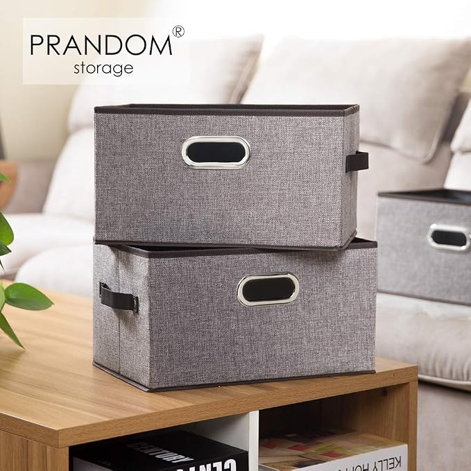 PRANDOM Large Collapsible Storage Baskets for Closet [5-pack] Decorative Fabric Storage Bins Cubes with Leather/Metal Handles for Shelves Bedroom Living Room Grey (14.9x9.8x8.3 Inch)