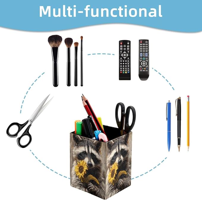 Sunflower and Raccoon Pen Holder for Desk Decor, Rectangular PVC Leather Pencil Cup for Desk Pen Organizer, Makeup Brush Holder for School, Home, Office