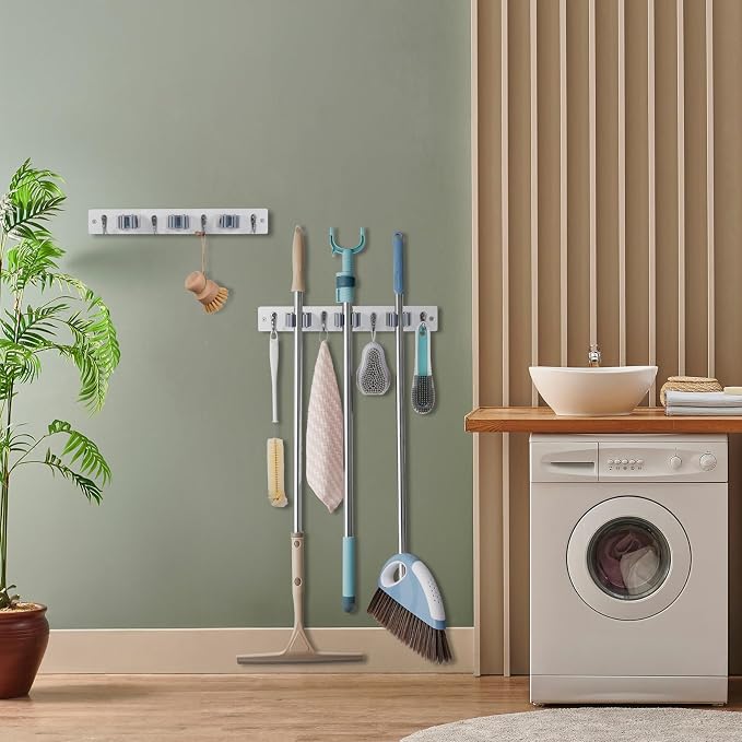 OUTNILI 2 Pack White Mop Broom Holder Wall Mount with 3 Slots & 4 Hooks - Rustic Wood Broom Mop Hanger for Pantry Kitchen Organization - Garden Tool Organizer for Closet Laundry Room