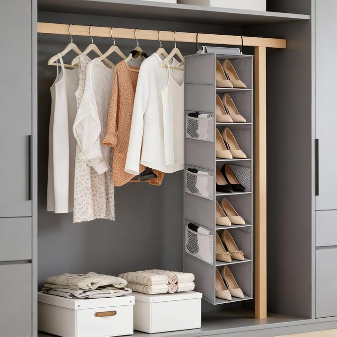 Hanging Shoe Organizer for Closet,8-Shelf Hanging Storage with Side Mesh Pockets,Wider Shelves for Baseball Caps,Clothes (9" W × 11.8" D × 54" H) Grey