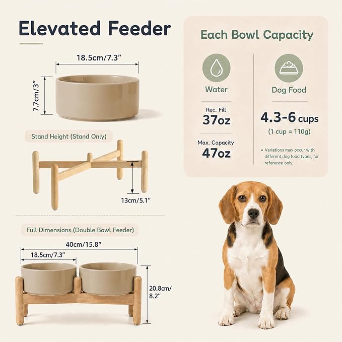 Havniva Ceramic Dog Bowls Elevated, Raised Dog Food Bowl for Small Dogs | 7.3” Elevated Dog Bowls, Non-Slip Wood Stand, Dog Food and Water Bowl Set, Dog Feeding Dish, Large Capacity Pet Water Bowl