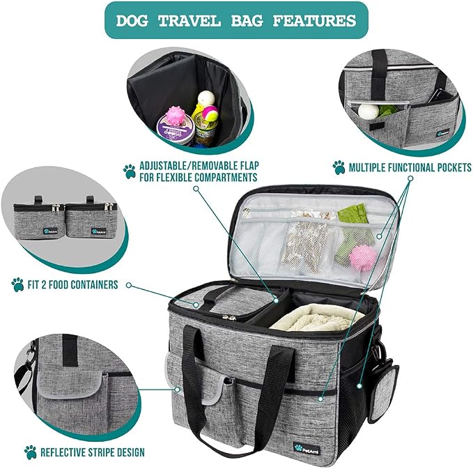 PetAmi Dog Travel Bag Organizer, Pet Supplies Tote Diaper Bag, Gray Medium | Pet Travel Kit with 2 Food Containers & 2 Collapsible Dog Bowls, Luggage Sleeve, Weekend Getaway Road Trip Camping Essentials