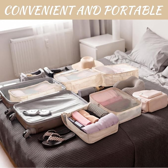 Silkfly 8 Pcs XL Packing Cube for Travel Luggage,Simple,Beige | 17.7 x 13 x 4.7, Same Size, Beige Suitcase Storage Organizer Set, Reusable Mesh Clothes Cube for Hiking Camp Family Accessory