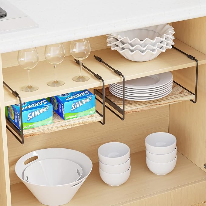 SpaceAid Cabinet Shelf Organizers 2 Pack, Kitchen Counter Organizer Rack Under Shelves Riser, Pantry Cupboard Storage Organization, Metal and Wood, Black and Natural, 13" Wide