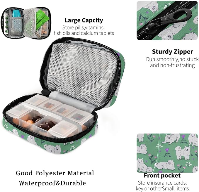 Fustylead Cute White Samoyed Dogs on A Green Meadow Pill Organizer Travel Portable Zipper Cloth Bag for Holding Weekly Supplements Vitamins and Fish Oils
