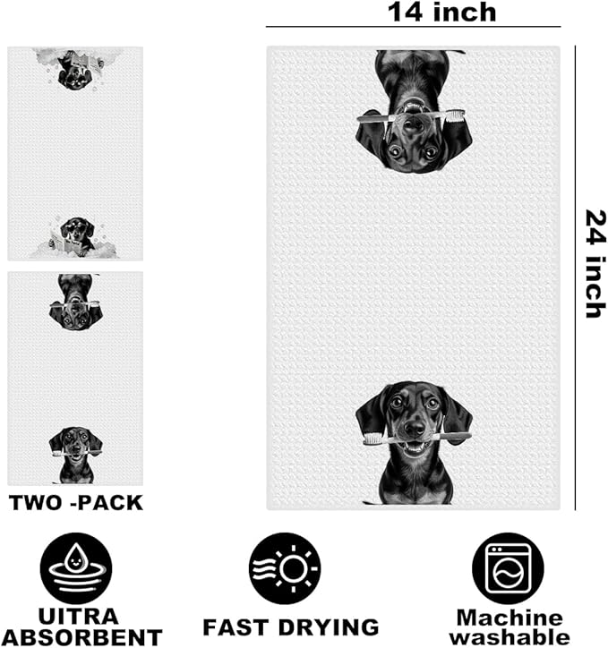 2Pcs Funny Dachshund Hand Towel for Bathroom 24x14 Inch, Cute Dog Absorbent Soft Microfiber Dish Cloth Bathroom Towel, Waffle Hand Towels for Toilet Home Decor, Dachshund Gifts