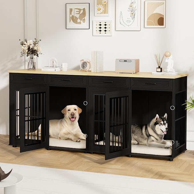 VOWNER 87" Dog Crate Furniture for 2 Dogs, Double Dog Cage Furniture, Black | Extra Large Wooden Dog Kennel with 4 Drawer, Removable Divider, Furniture-Style TV Stand, XXL Dog Crate for Large Medium Dogs