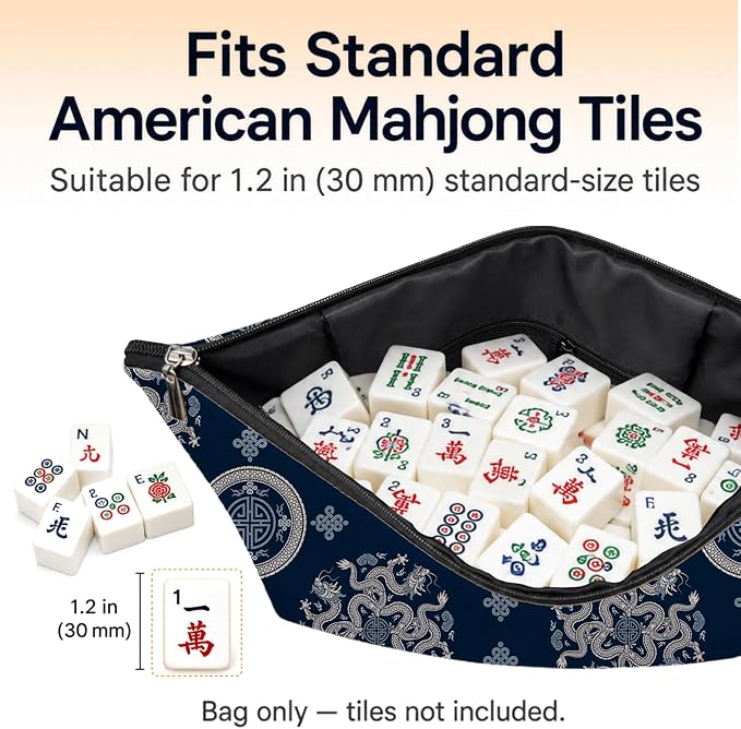 Navy Blue Chinoiserie Empty Mahjong Tile Bag 13x7.8 Inch | Traditional Dragon Portable Travel Case Organizer Zipper Pouch for American Mahjong Tiles Game Night Accessories and Gifts