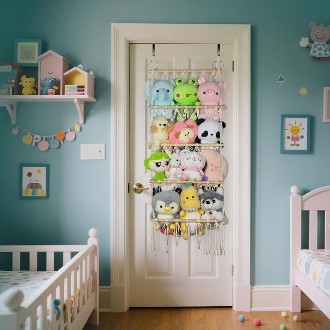 42cm Wide Over The Door Stuffed Animal Storage Hammock Corner Wall Hanging Storage Holder Boho Macrame Plush Toy Organizer Net for Stuffed Animal