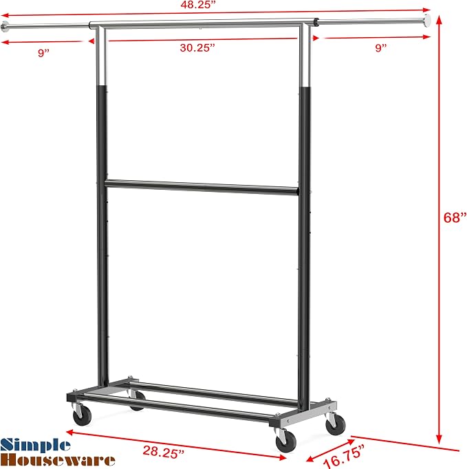 Simple Houseware Double Rod Adjustable Clothing Garment Rack, Black | Extendable Width from 30 to 48 Inches