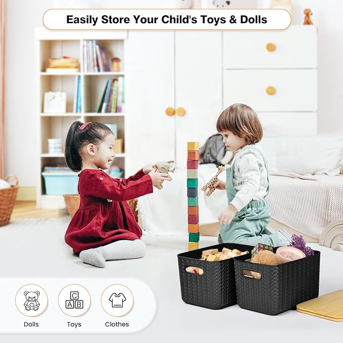 Ohmlove 4 Pack Storage Bins with Bamboo Lids,Stackable Box for Organization | Plastic Storage Containers with Handle, Storages Baskets for Organizing Desktop Closet Playroom Classroom Office, Black
